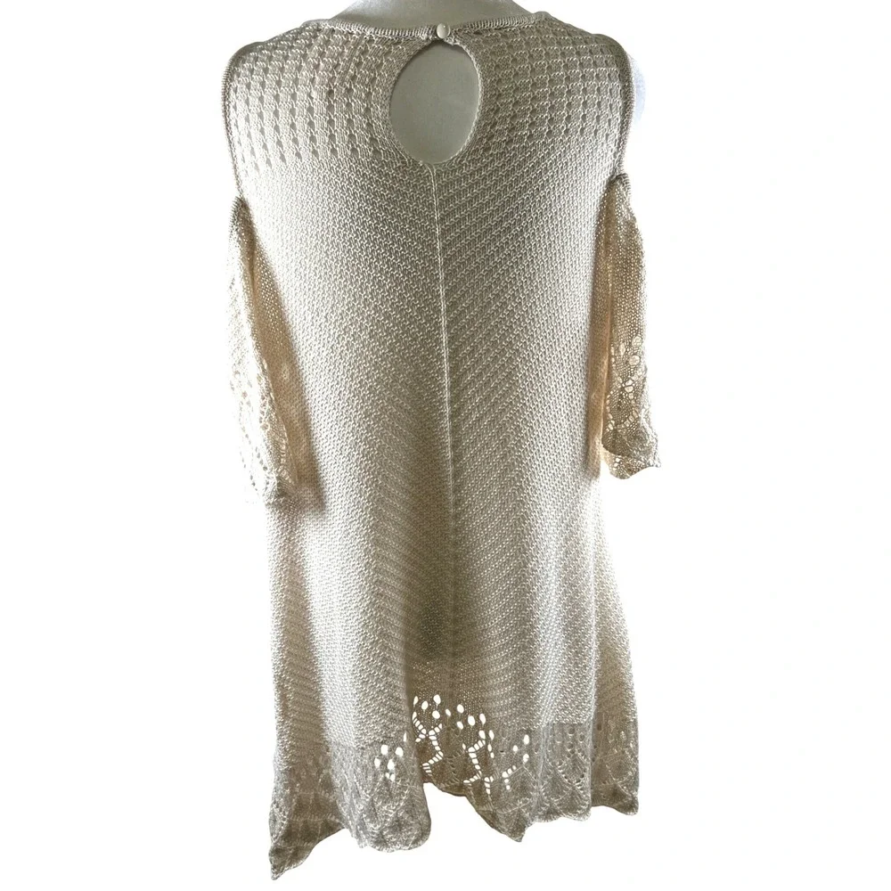Womens Crochet Knit Western Boho Cold‎ Shoulder Tunic Layering Dress XL Beige
